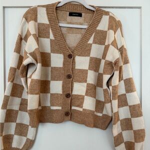 Cozy Checkered Cardigan - Tan and Cream